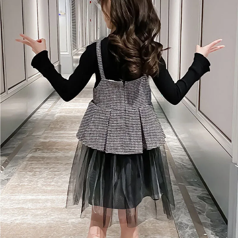 

Spring 2021 Teenager Children Suit Long Sleeve Girl Clothes 2Pcs Baby Autumn Sets Girls Outfits Black Tops And Plaid Dress Set
