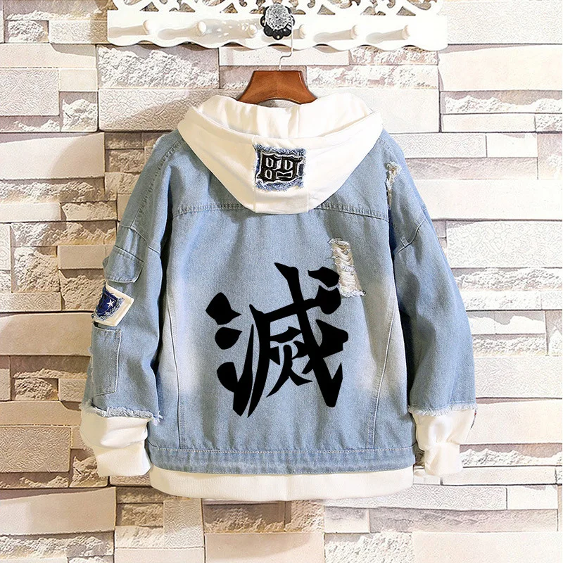 

Anime Hashibira Inosuke Costume Jean Jacket Demon Slayer Kamado Tanjirou Cosplay Denim Adult Autumn Spring Hooded Outwear Coat
