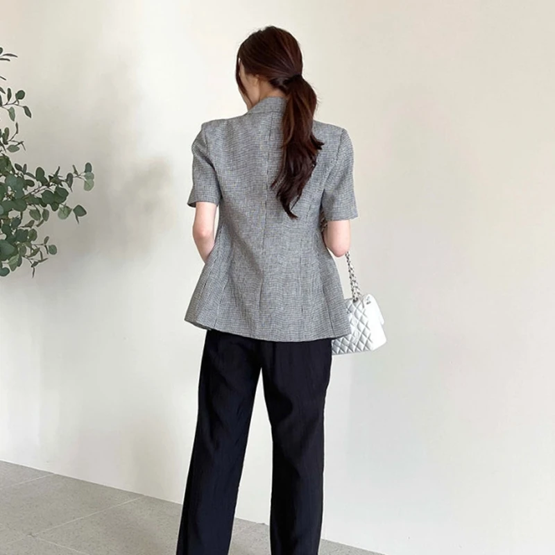 

Korean Chic Retro Button Up Casual Plaid Blazers Women Office Ladies Loose Short Sleeve Suits Tops Hipster Summer Ropa De Mujer