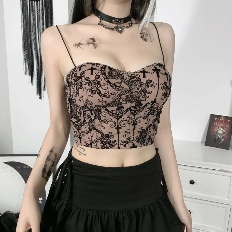 

Women Camis party Clubwear Harajuku Summer Sexy Crop Tops Dark Academia Grunge Backless Lace Patchowrk Streetwear Y2k Mall Goth