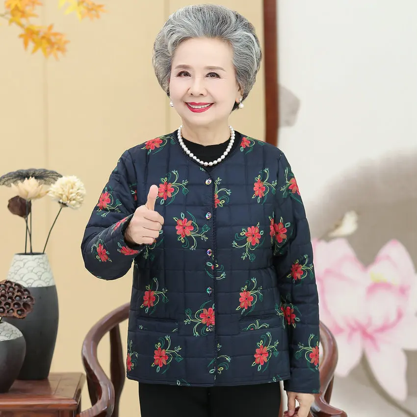 

Elderly Women Winter Parkas Mother Grandma Flower Quilted Coat Warm Thermal Padded Puff Jacket Red Blue Purple Lightweight Wear