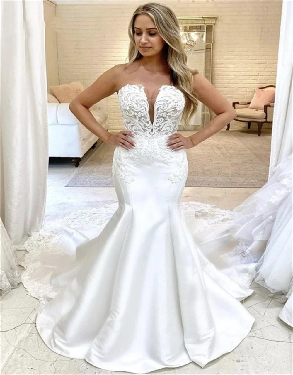 

Elegant Mermaid Wedding Dress Sweetheart Lace Appliqued Saudi Arabia Bridal Gowns 2021 Modern Sweep Train Robes De