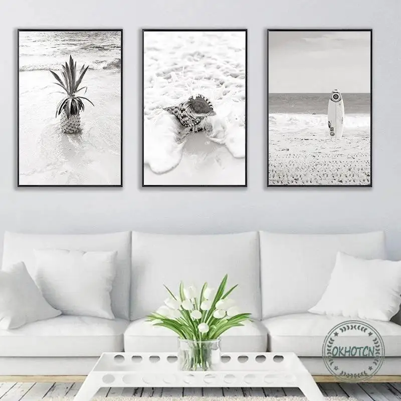 Nordic Black and White Beach Seaside Scenery Picture Wall Art Canvas Painting Palm Tree Shell Surf Board Poster Home Decor | Дом и сад