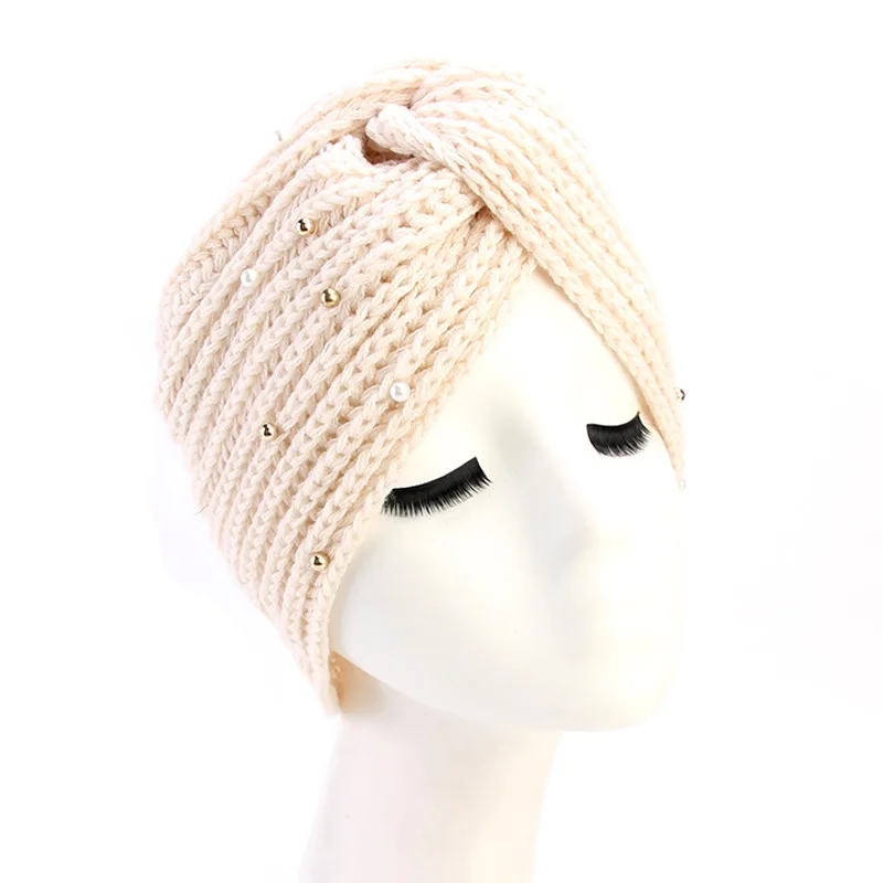 

New Twist Knitted Beaded Women Turban Knit Warm Winter Women Indian Hat Warm Headband Bonnet Hat Folds Head Cover Cap Headscarf