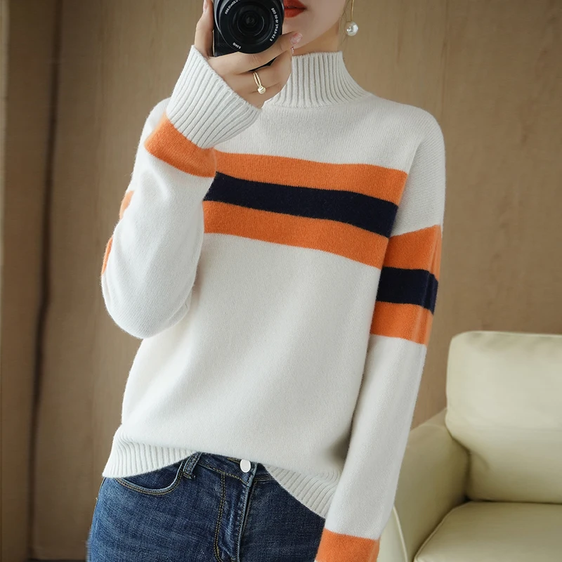 

Autumn and Winter New Style 100% Wool Sweater Women high Collar Color Matching Pullover Loose Cashmere Thick Knitted Sweater