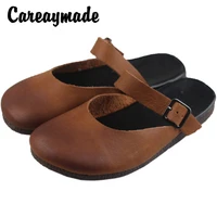careaymade hotsalegenuine leather hand wiping color retro sandals belt buckle comfortable soft leather womens slippers