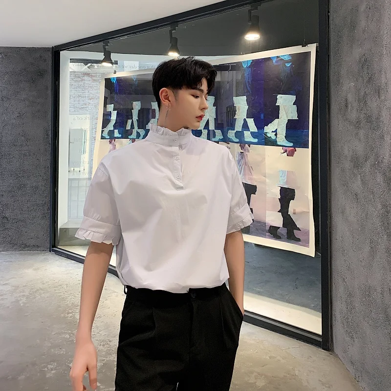 Мужская летняя одежда Свободная Повседневная рубашка с воротником стойкой