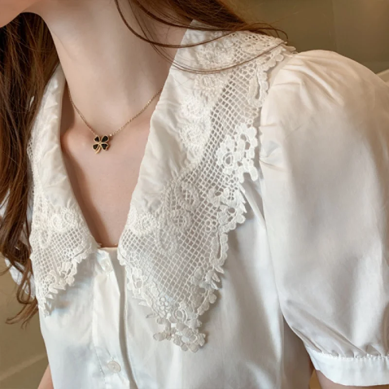 Женская винтажная блузка с воротником Питер Пэн и коротким рукавом | одежда