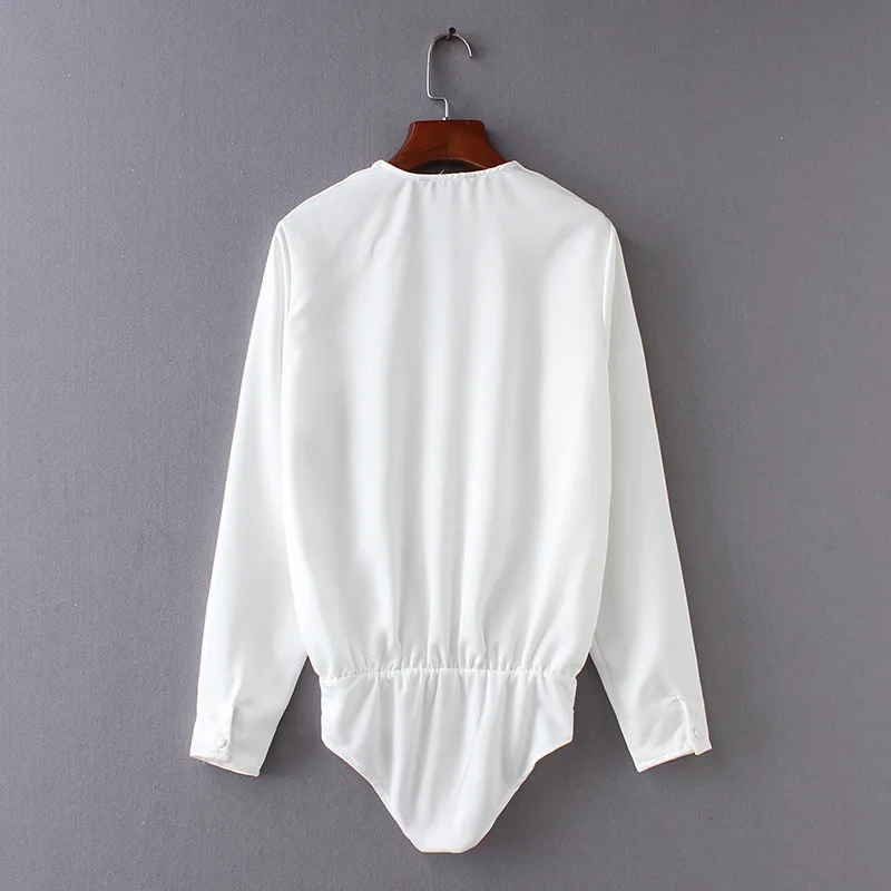 Женский шифоновый комбинезон с длинным рукавом и треугольным вырезом на кнопках