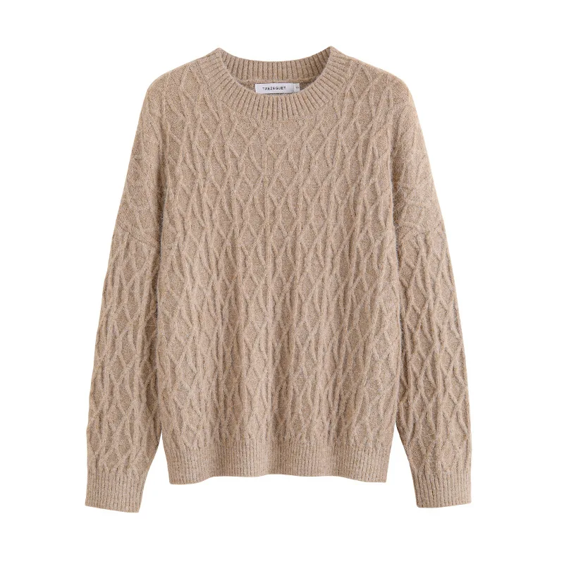

Women's New Round Neck Loose Sweater Thick Korean Twist Long-sleeved Knitted Cashmere Fashion Sexy Elegant Khaki Pullovers