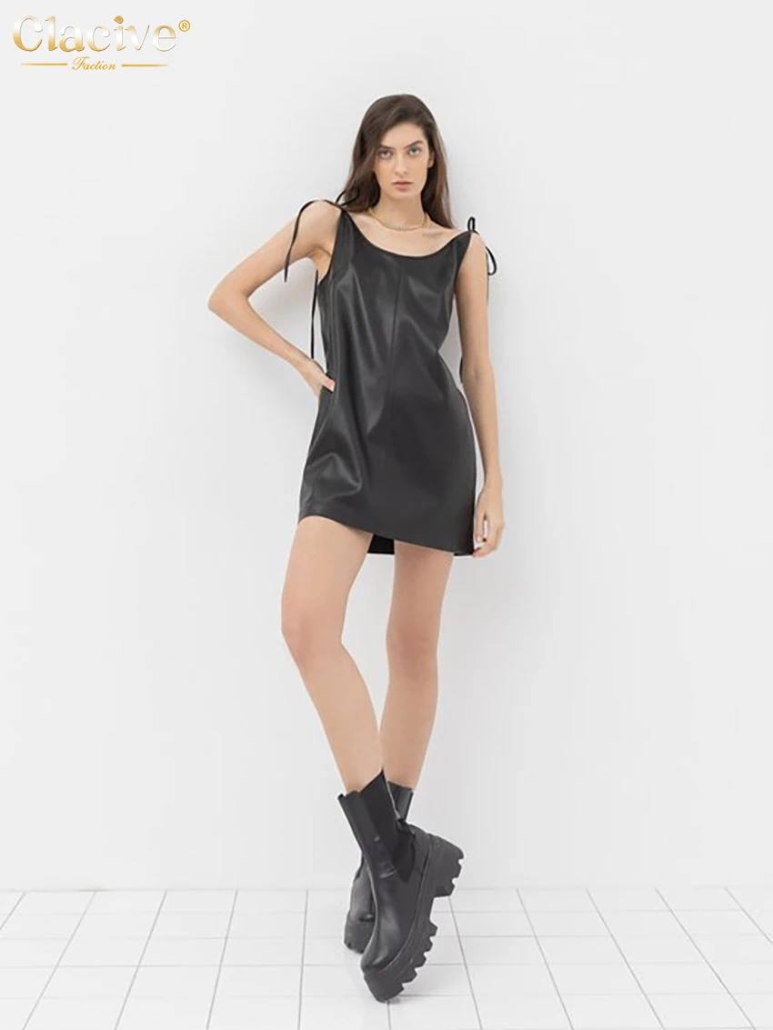 

Clacive Sexy Strap Pu Leather Mini Dress Woman Summer Bodycon Sleeveless Black Dresses Vintage Slim Backless Female Dress 2022