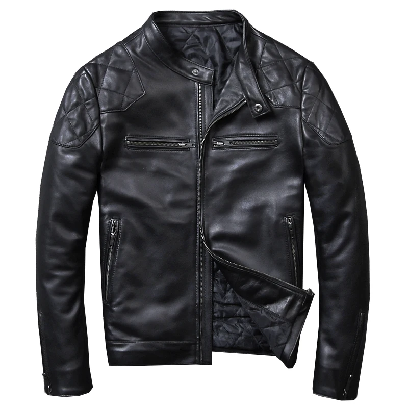 

Leather 2021 Sheepskin Jacket Men's Slim Fit Motorcycle Clothing Fashion Stand Collar Short Black Genuine Leather Coat Male