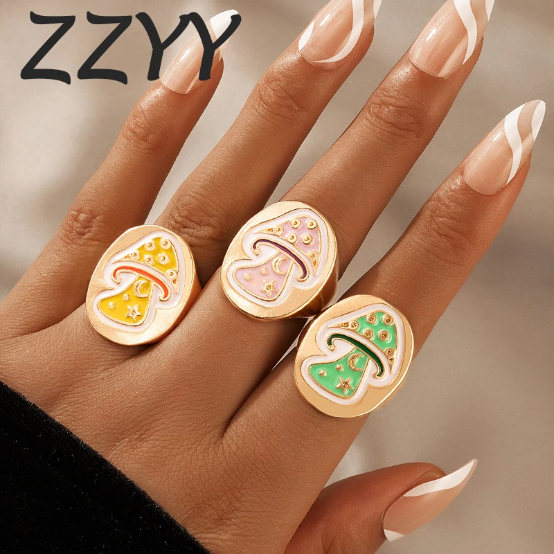 

ZZYY 3pcs/set Colorful Rings for Women Girls Geometry Star Moon Mushroom Cute Jewelry Accessories Stainless Steel 2021 Fashion