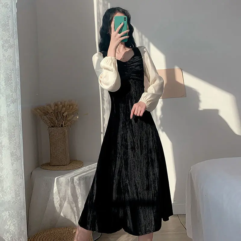 

Fall winter retro French light luxury stitching velvet dress women's black waist long skirt temperament Hepburn small black dres