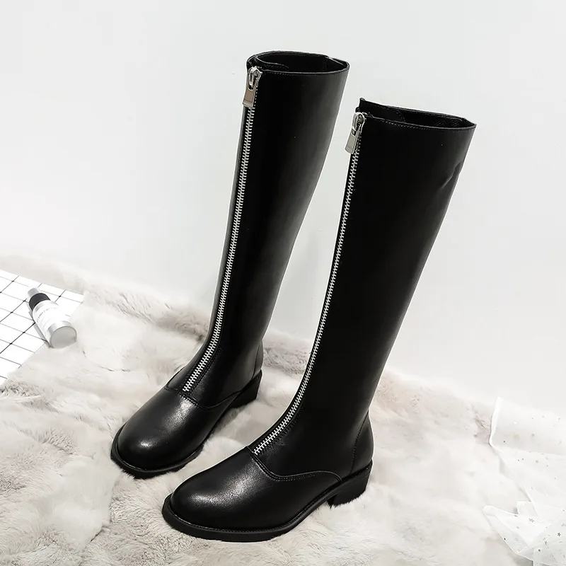 

Boots fall winter 2020 new front zipper boots Knight boots medium heeled boots small