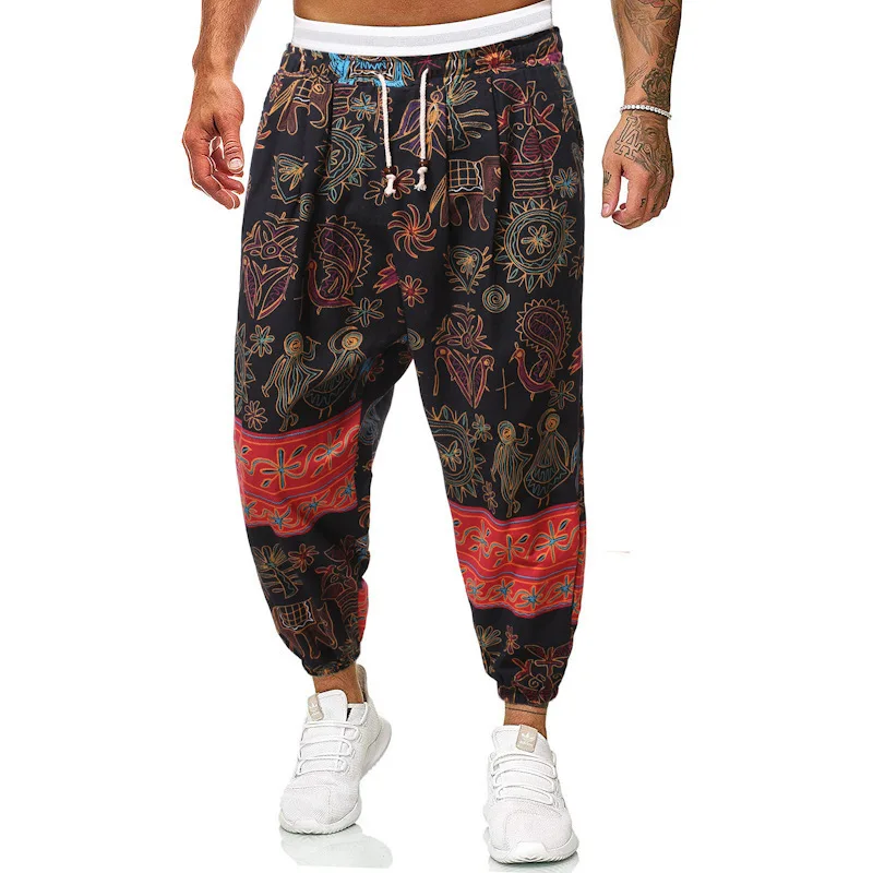 

Mens Linen Baggy Hippie Boho Yoga Harem Pants African Pattern Print Drop Crotch Joggers Sweatpant Male Trousers African Clothing