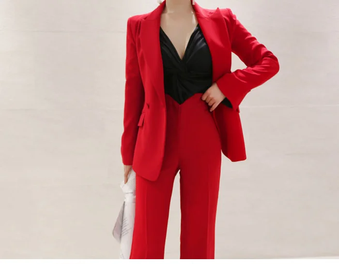 Женские Брючные костюмы двубортный блейзер с высокой талией брючный костюм комплект из двух предметов женские брючные костюмы Мода