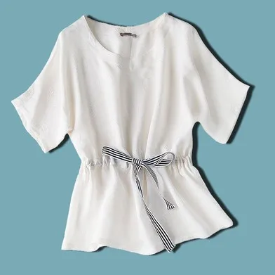 Слоновая кость New white jacquard three-dimensional waistband Bat Sleeve Silk T-shirt - Цвет: Слоновая кость