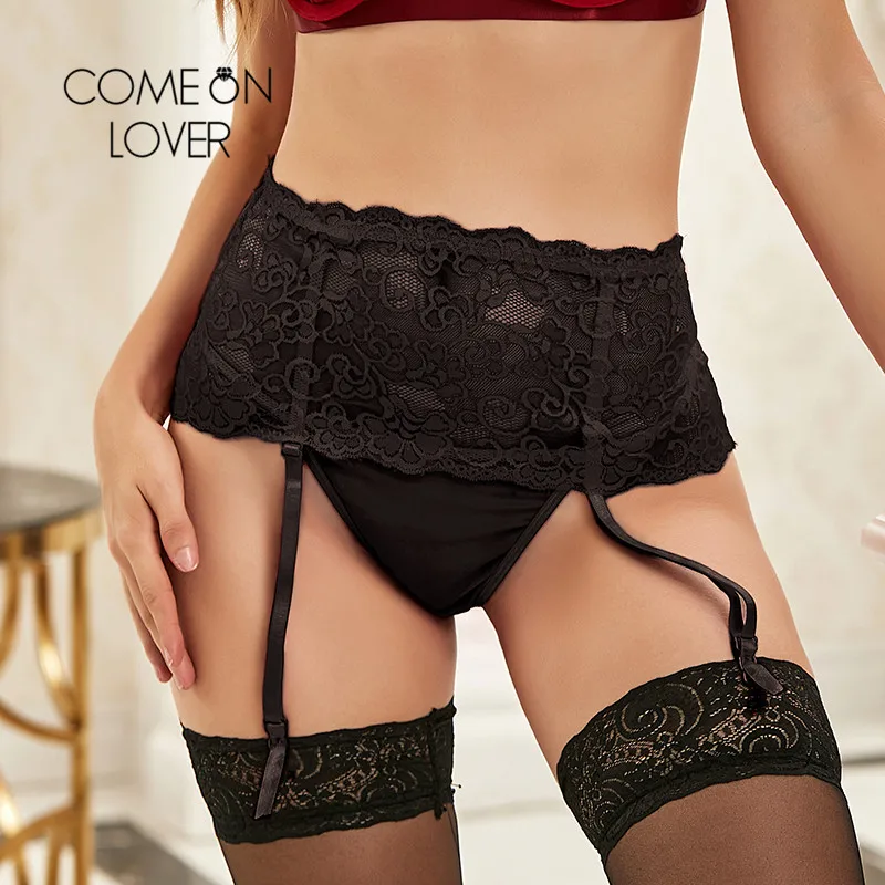 

Comeonlover High Waist Lace Garter Panty Set Plus Size Underwear Sexy G-string Harness See Through Goth Accessories PI5156