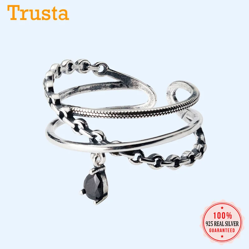 Trustdavis 100% 925 Твердые тайские серебряные трехслойные черные открытые кольца с
