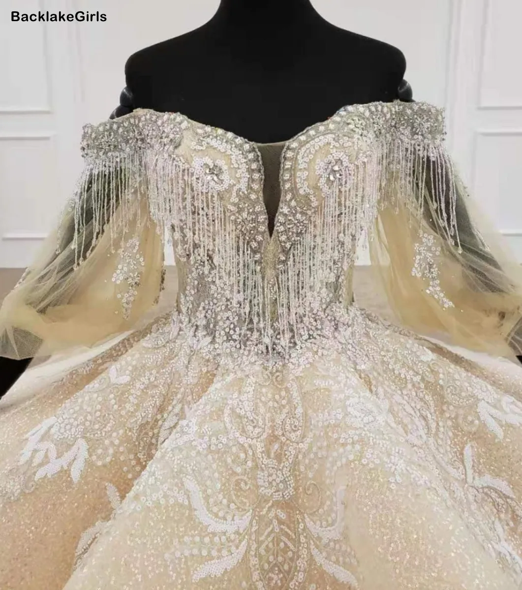 Свадебное платье цвета шампанского с рукавами и открытыми плечами Кружевная