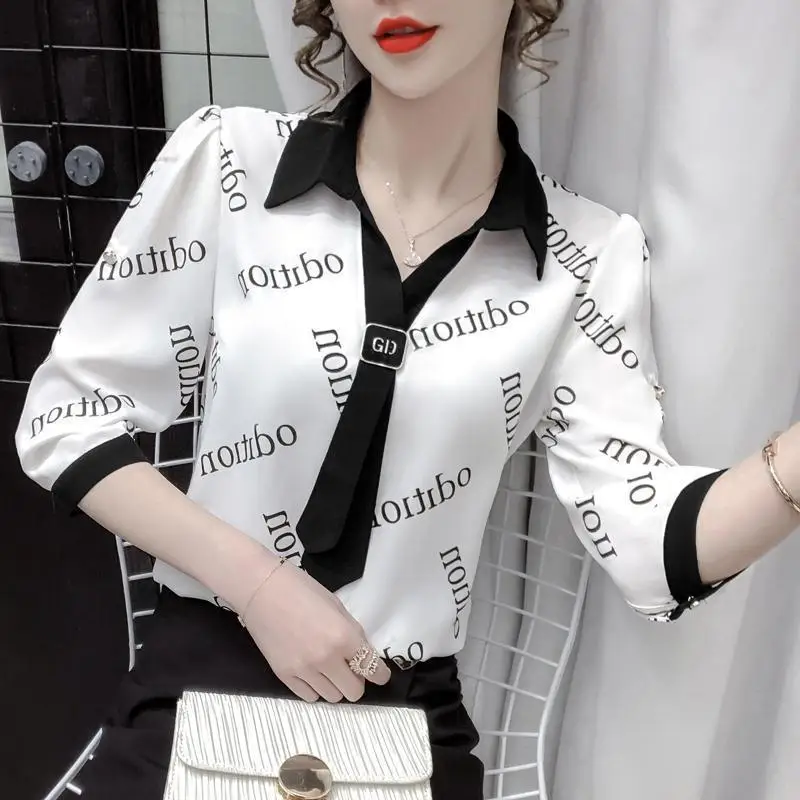 

Printed Chiffon Shirt Female Design Sense Niche Summer 2021 New Style Foreign Style Small Shirt Three-quarter Sleeve Top