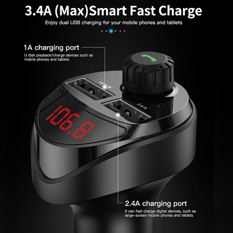 

Car Charger with FM Transmitter Bluetooth Receiver Audio MP3 Player Car Kit 3.4A Dual USB Car Phone Charger