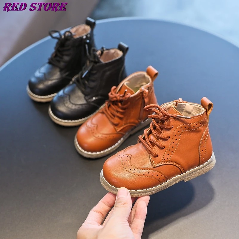 

Baby Shoes Boys New British Autumn Winter Girls Boots Children's Zip Lace Up Equestrain Pu Rubber Boots Kids Casual Shoe Toddler
