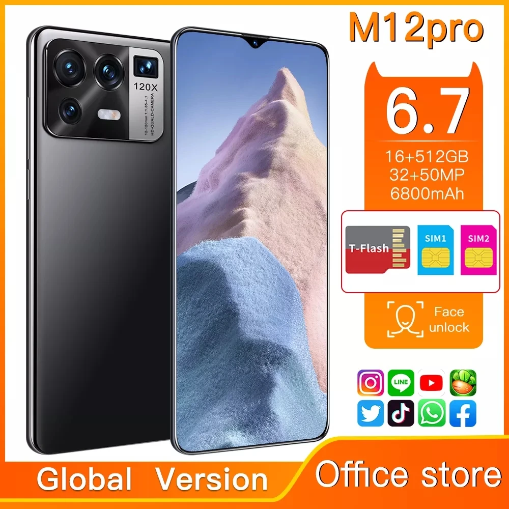 

Top M12 Pro Global Version Smartphone 16GB 512GB 6.7 Inch Android 11 6800mAh Fingerprint Snapdragon 888 32MP 50MP Mobile Phone