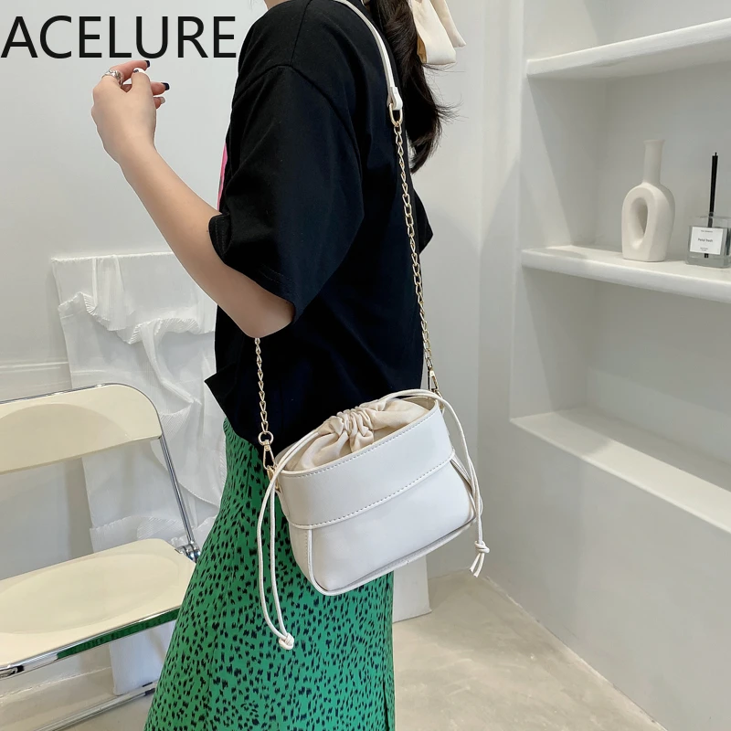 

ACELURE Casual Fashion White Black PU Leather Handbags Metal Chain Small Shoulder Bags Female Fashion 2021 String Crossbody Bags
