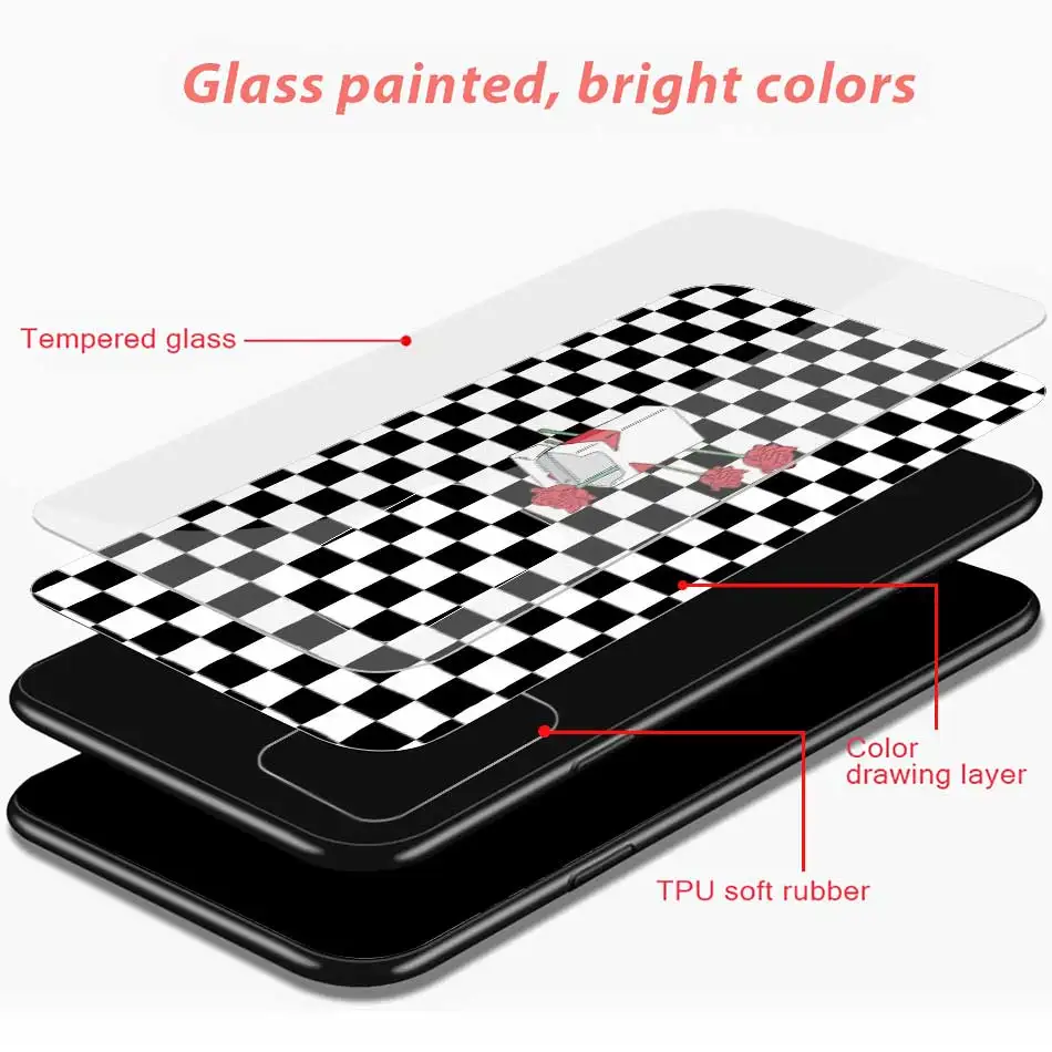 

Tempered Glass Phone Case For Samsung Galaxy A51 A71 A50 A70 A21s A31 A41 A30 A40 A10 A20 Black White Checkered Back Cover Coque