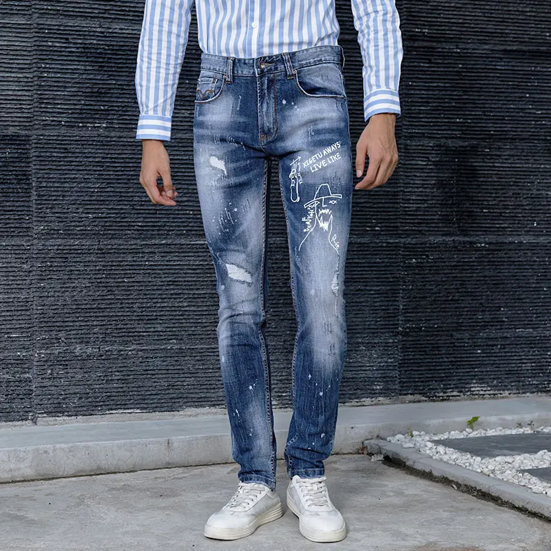 American Street Fashion Men Jeans High Quality Retro Blue Elastic Slim Fit Ripped Jeans Men Printed Designer Hip Hop Denim Pants