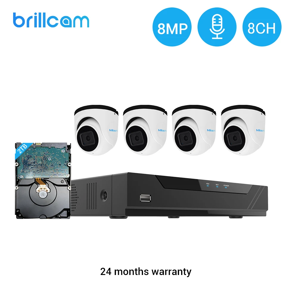 Система видеонаблюдения Brillcam 8 каналов 4K POE NVR H.265 Мп уличная Водонепроницаемая IP