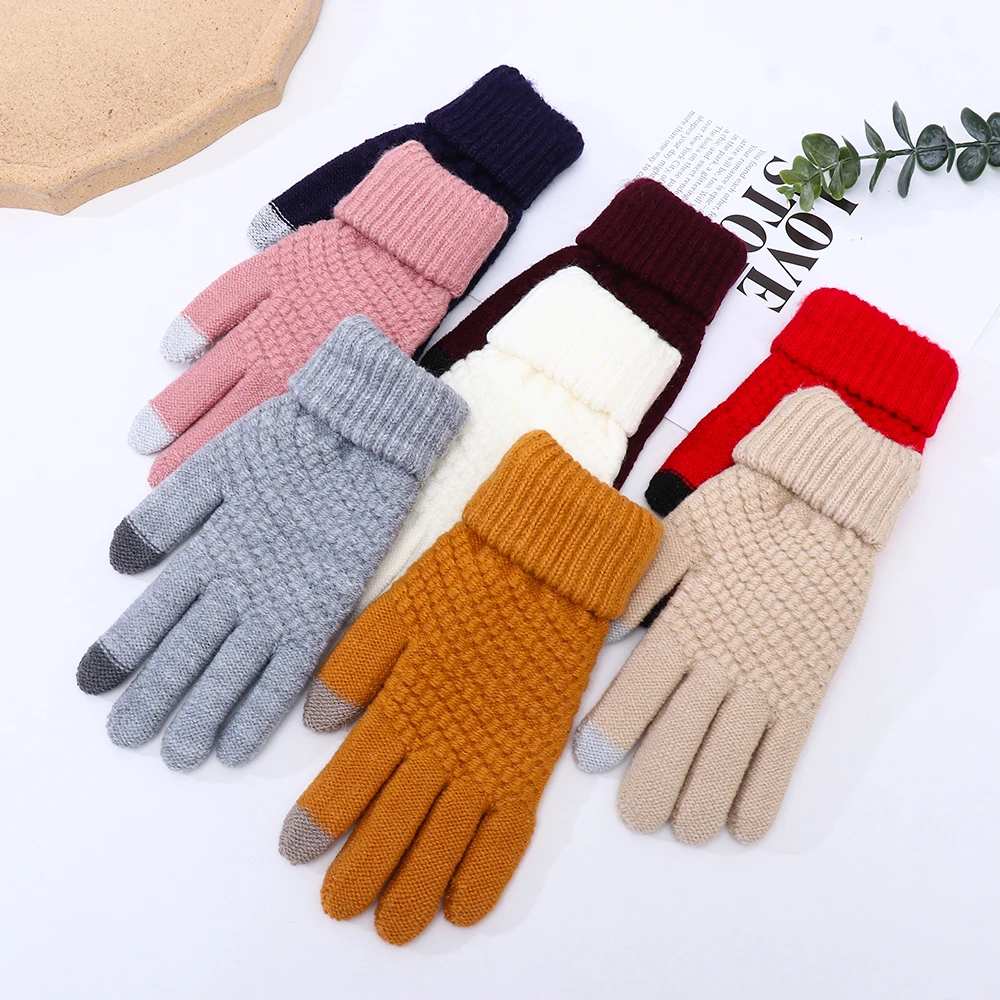 

Fashion Mittens Winter Warm Thicken Knitted Wool Mittens Touch Screen Women Gloves Full Finger