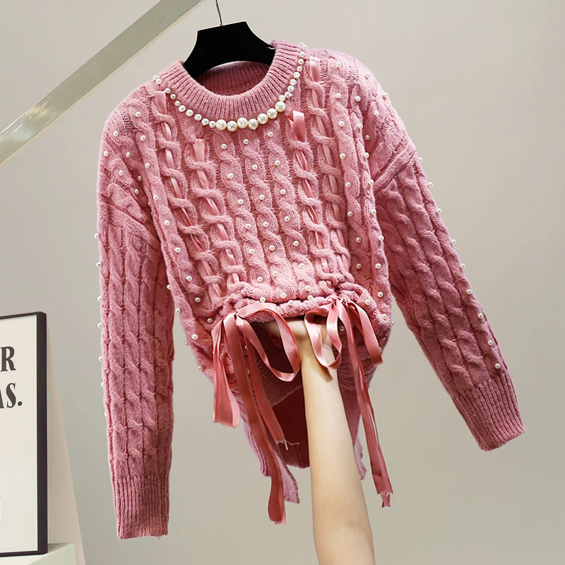 

VANOVICH Korean Style Heavy Industry Beaded Design Fashion Drawstring Irregular Sweater 2022 Autumn/Winter New Pullovers