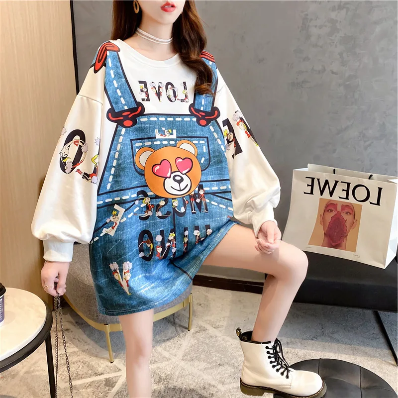 

Fashion new hoodie design sense of the minority loose foreign fashion age reduction fake two cartoon print long-sleeve blouse