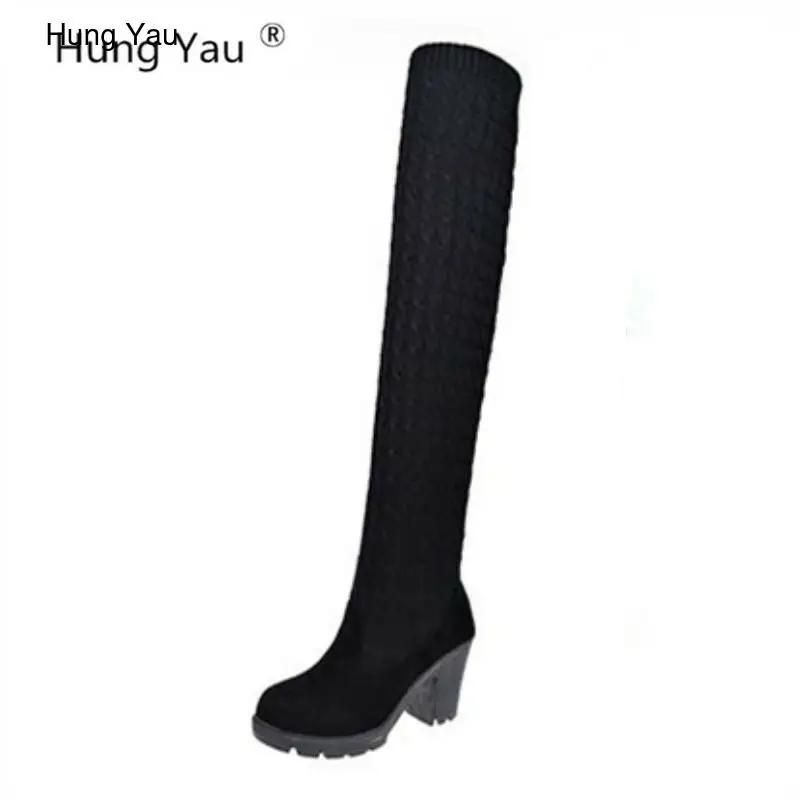 

Winter Autumn Women Over The Knee Boots Knitted Woman Boots Round Toe High Heel Pums Shoes Black Female Footwear Plus Size 35-40