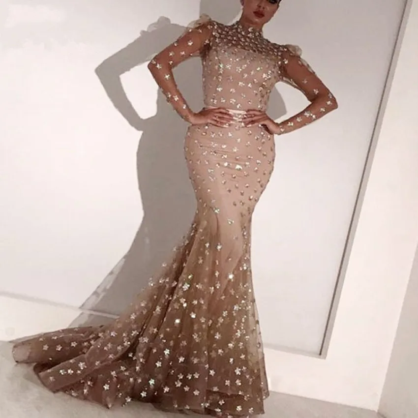 Glitter Champagne 3D Flower Mermaid Evening Dress High Collar Full Sleeves Long Muslim Gowns Formal Robe De Soiree | Свадьбы и