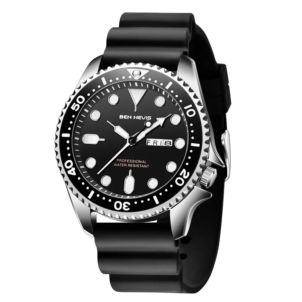

2021 Fashion Men Waterproof Quartz Watch Adjustable Silicone Watchband Date Calendar Wrist Watches Multi Function Quartz Watch