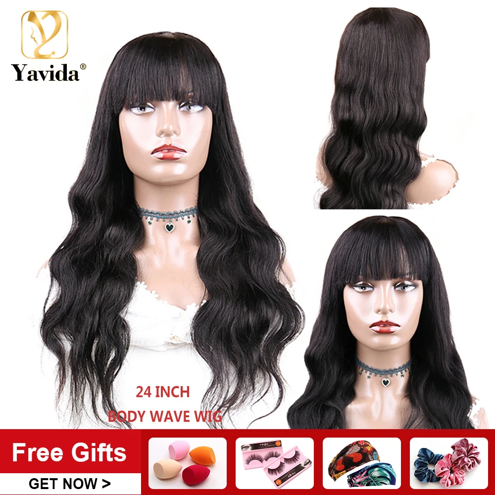 

Волнистые парики Yavida с челкой для женщин, человеческие волосы, перуанские, 8a, Remy, челки, парики для лета, полностью изготовленные в машине пос...