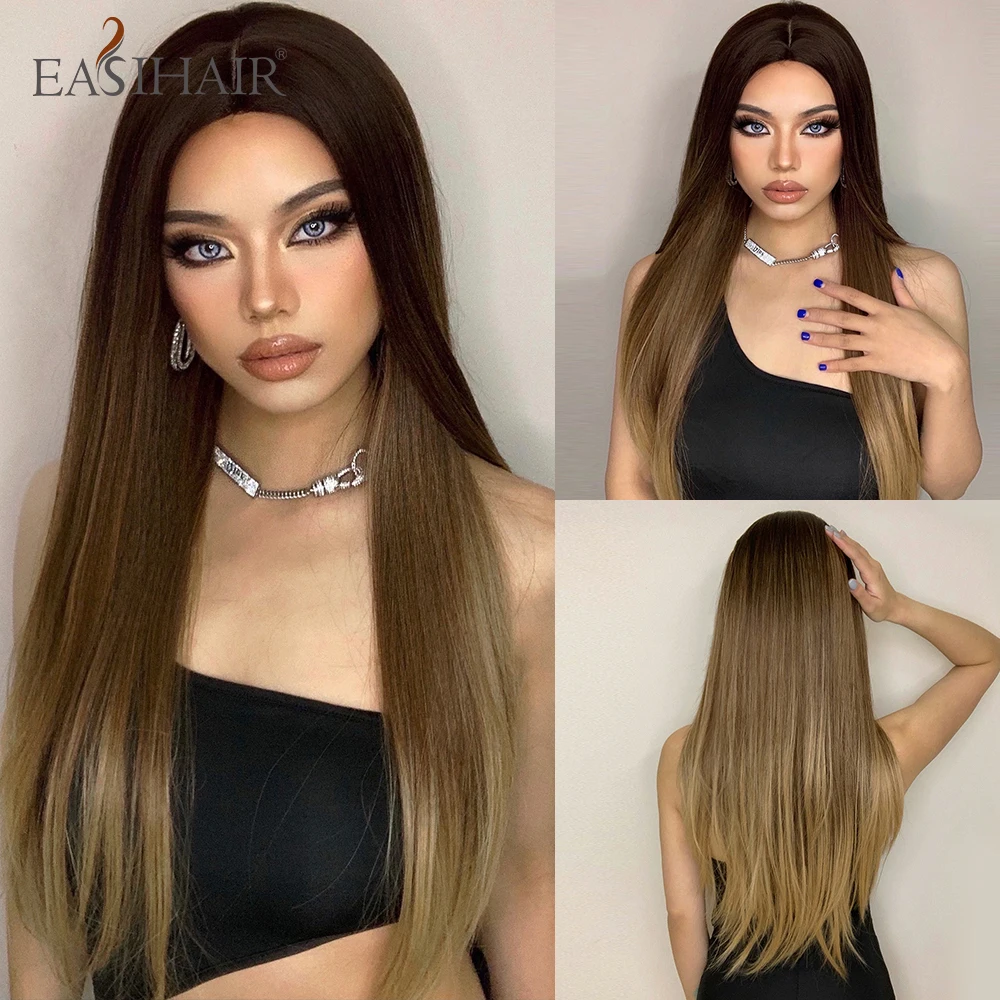 

EASIHAIR Brown Long Straight Hair Synthetic Wig for Women Cosplay Wigs Brown Ombre Middle Part Daily Party Heat Resistant Wig