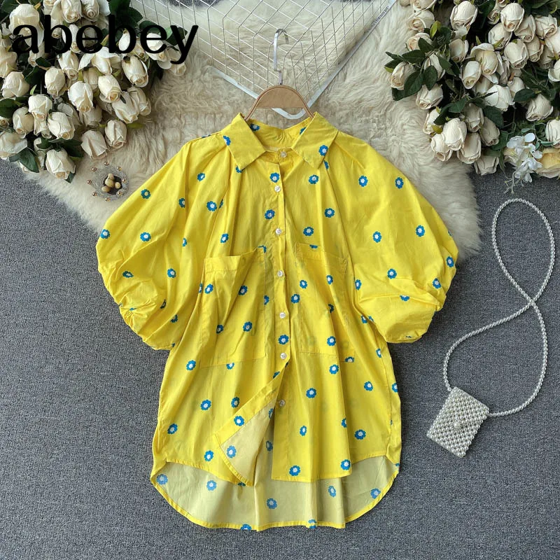 

French Sweet Print Blouse Women Turn Down Collar Single Breasted Casual Tops Sping Bohemian Streetwear Blouses