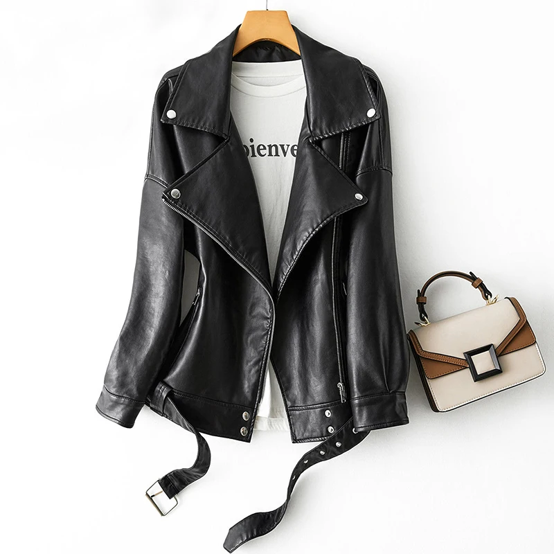 Trendy Spring Women Overiszed Turndown Collar Faux Leather Jacket with Belt Moto Biker Loose Black Pu Leather Coat Outwear