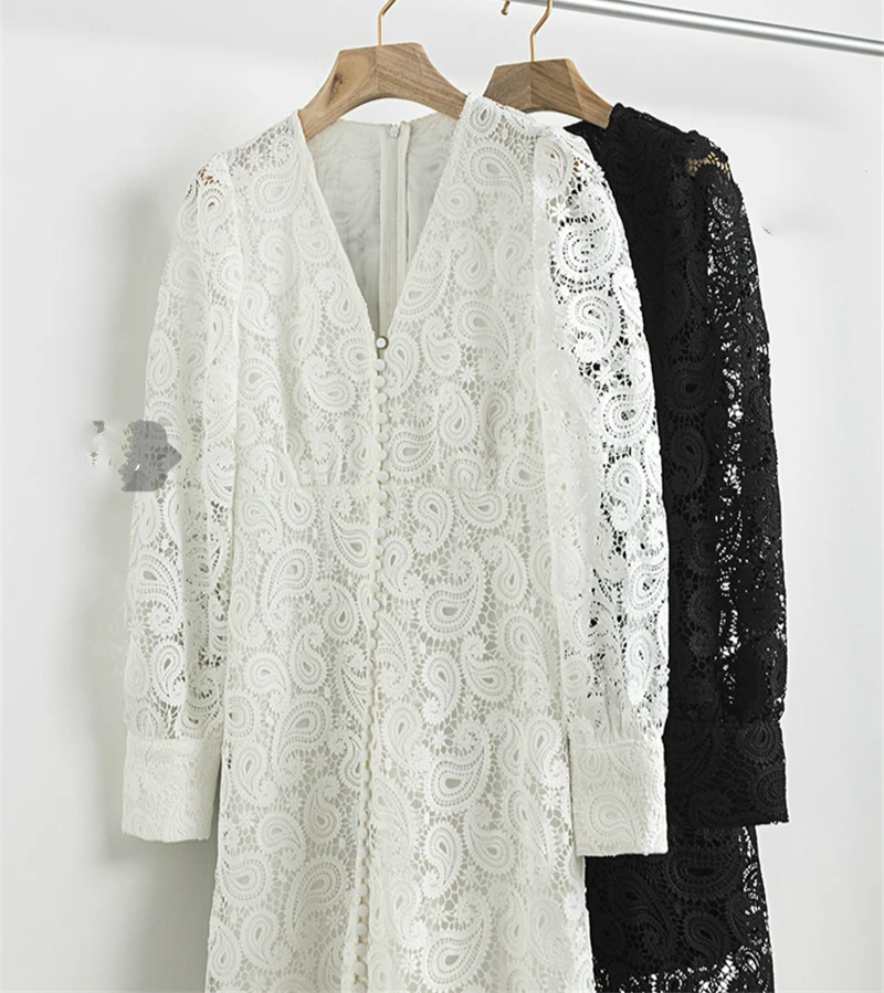 

Elegant woman white lace party dress hollow out patchwork lantern sleeve maxi dress vintage V-neck sexy dresses