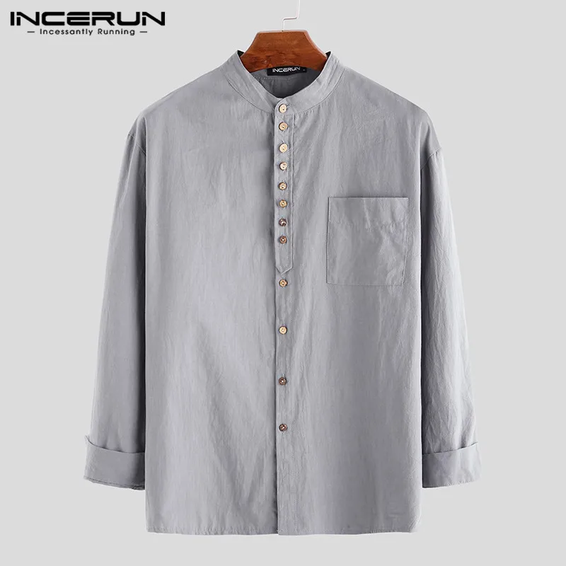 

2021 Spring Vintage Long Sleeve Stand Collar Shirts INCERUN Men Solid Color Buttons Blouse Man Retro Pockets Dress Shirts M-3XL