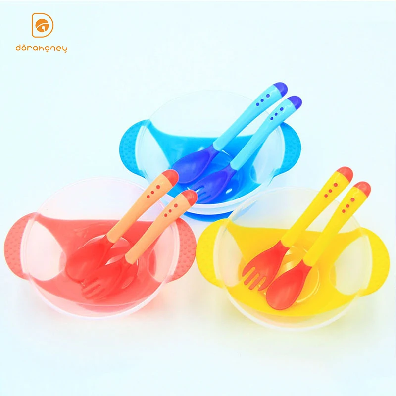 

Миска на присосках для младенцев, детская посуда с чашей для обучения младенцев, из ПП, с датчиком температуры, миска для кормления, ложка, та...