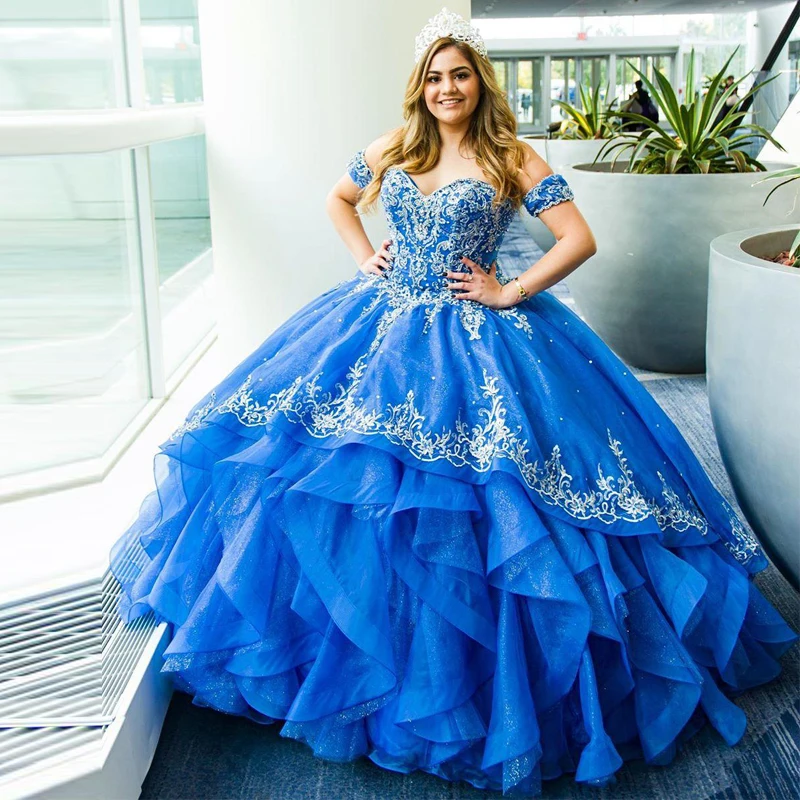 

Sparkly Sequin Blue Quinceanera Dresses Tiers Tulle Ball Gown Sweetheart Sweet 15 Dress Plus Size Pageant Dress Prom gown