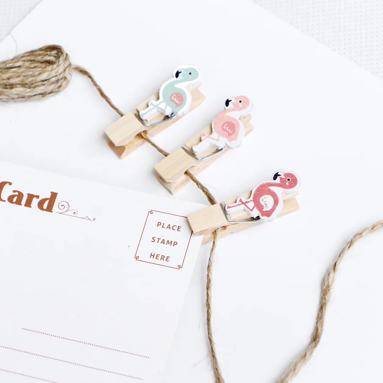 Christmas Flamingo 10 pcs 2m hemp rope 3.5cm photo clip wooden small note cute wall decoration | Дом и сад