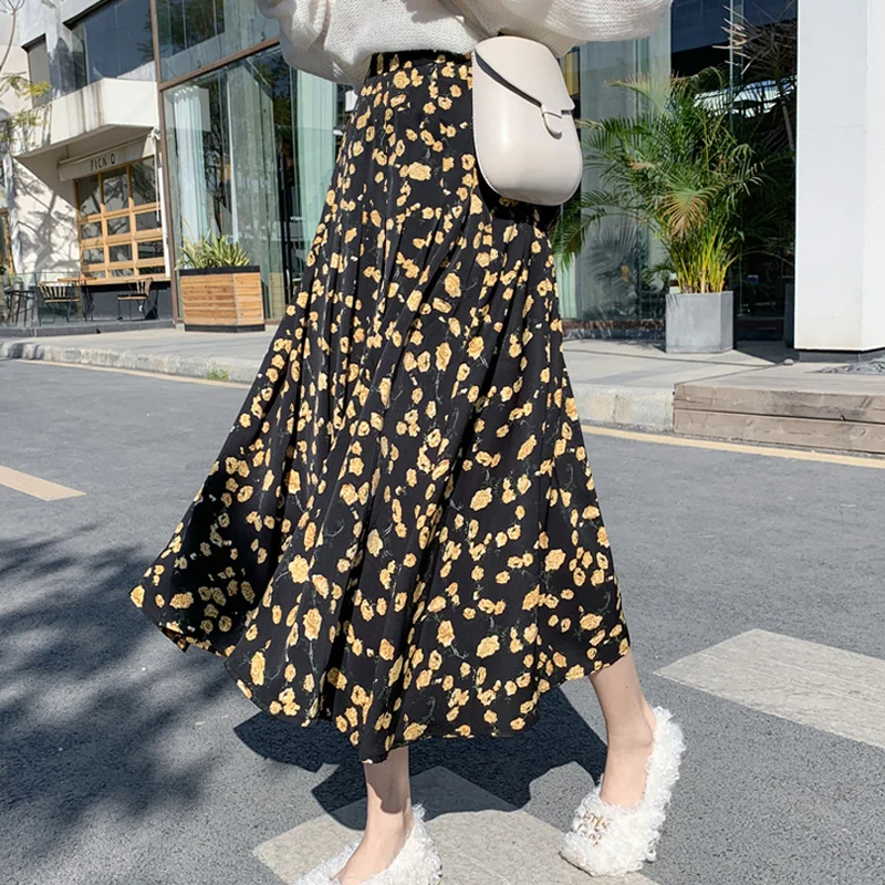 

GOOHOJIO 2020 Autumn Fashionable Elegant Female Bottom Casual Fashion Skirts for Women Temperament Floral Print Ladies Skirts
