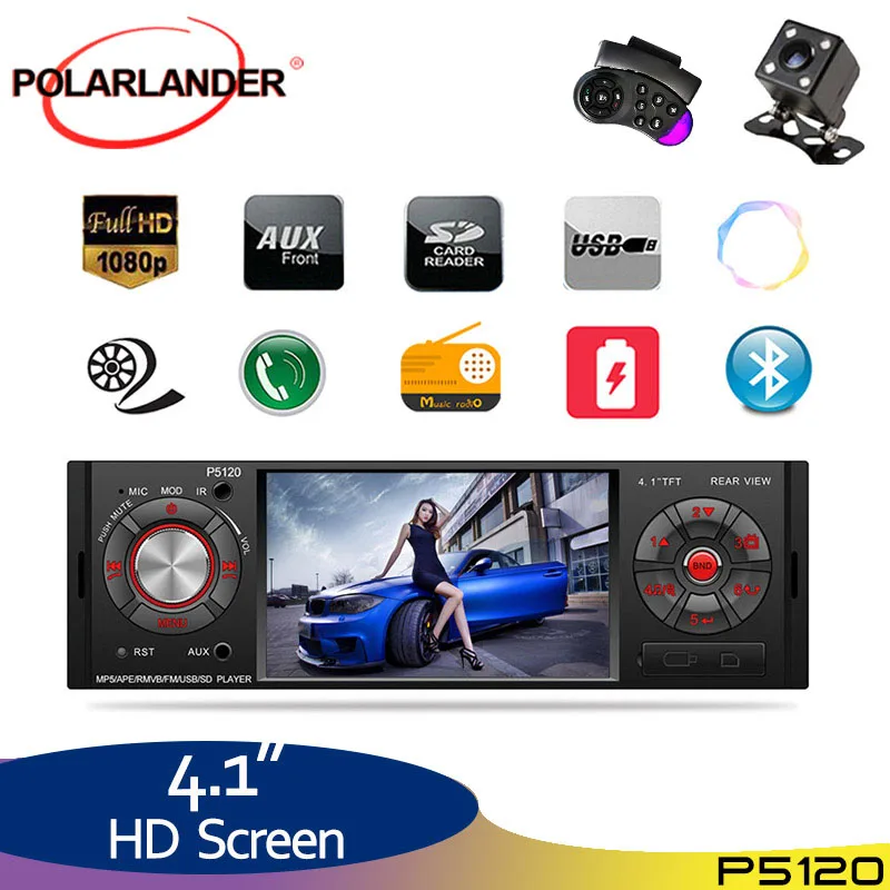 

4.1 Inch 1 Din Car Radio Car MP5 Player Steering Wheel Remote Control Rear View Camera 7 Color Button Backlight BT/USB/TF/AUX